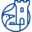 Logo Bleu avec Tour de Château et Silhouette d'Oiseau Logo bleu circulaire associant une tour de château crénelée et un oiseau stylisé dans un emblème.